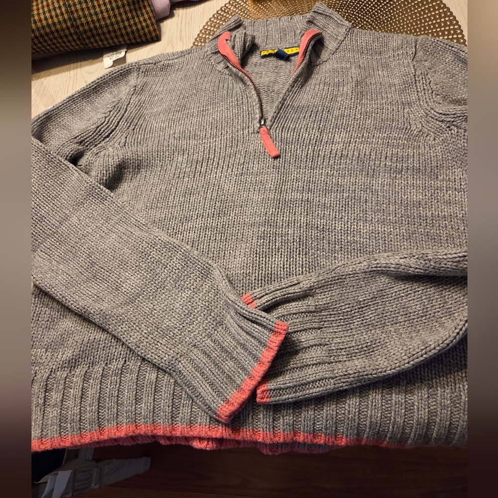 Prince & Fox Gray Half-Zip Sweater with Pink Trim XL Excellent